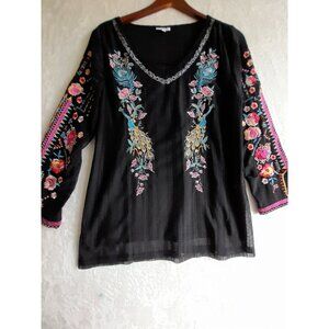 Paris Hues Size Large Boho Embroidered Blouse Black